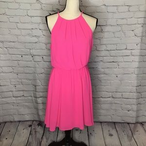 Lush Pink Chiffon Spaghetti Strap High Neck Blouson Dress Large